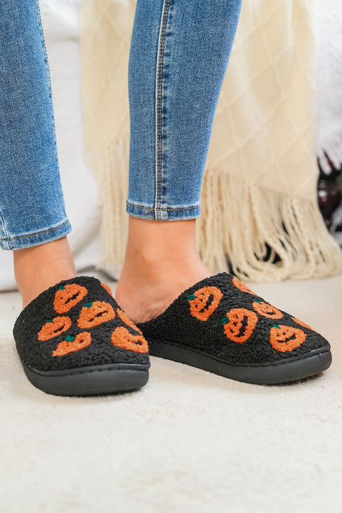 Black Halloween Pumpkin Plush Home Slippers