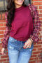 Red Dahlia Plaid Ruffled Puff Sleeve Patchwork Crew Neck Sweater