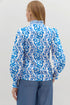 Sky Blue Floral Print Frilled Striped Trim Button Down Smocked Cuffs Long Sleeve Shirt