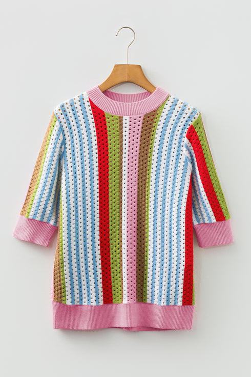 Multicolour Striped Pointelle Knit Short Sleeve Sweater