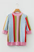 Multicolour Striped Pointelle Knit Short Sleeve Sweater