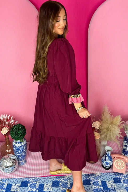 Burgundy Contrast Frilled Trim V Neck 3/4 Ruffled Sleeve Flowy Midi Dress