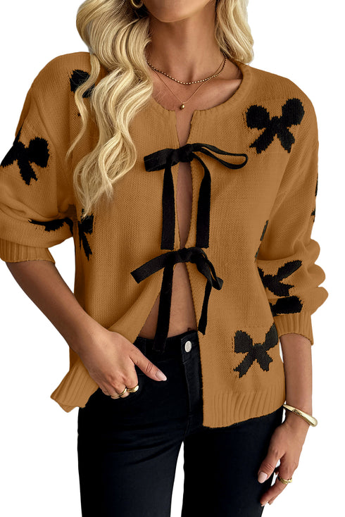 Camel Lace-up Bow Pattern Sweater Cardigan
