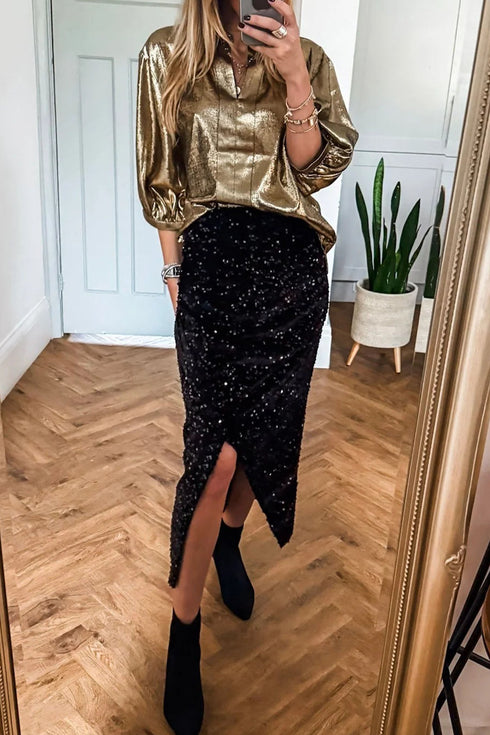 Gold Metallic Split Neck Half Sleeve Blouse