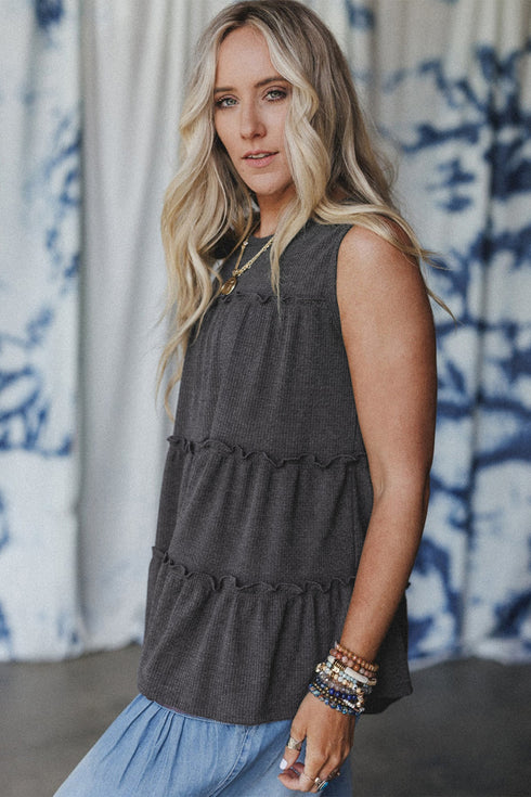 Dark Grey Tiered Frill Trim A-line Tank Top