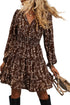 Brown Ditsy Floral Print Split Neck Long Sleeve Shirred Waist Flared Mini Dress