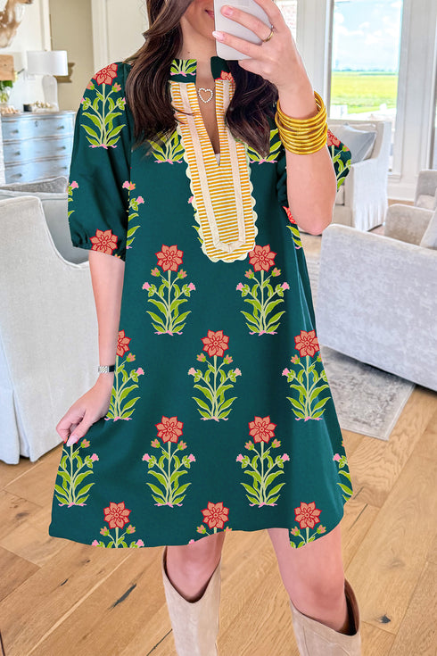 Green Floral Print Contrast Trim Striped Patchwork Short Sleeve Dress