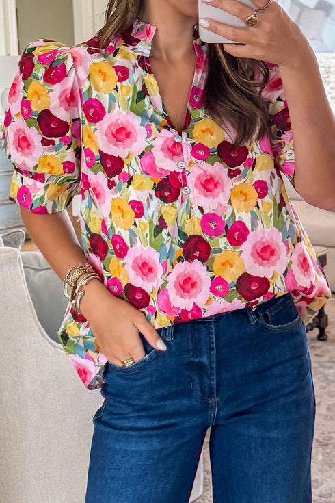 Pink Floral Frilled V Neck Puff Short Sleeve Blouse