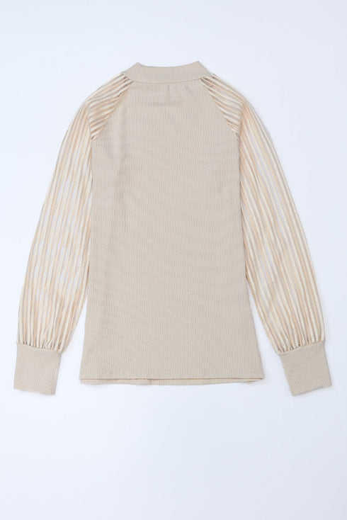 Apricot Striped Mesh Long Sleeve Crewneck Ribbed Top