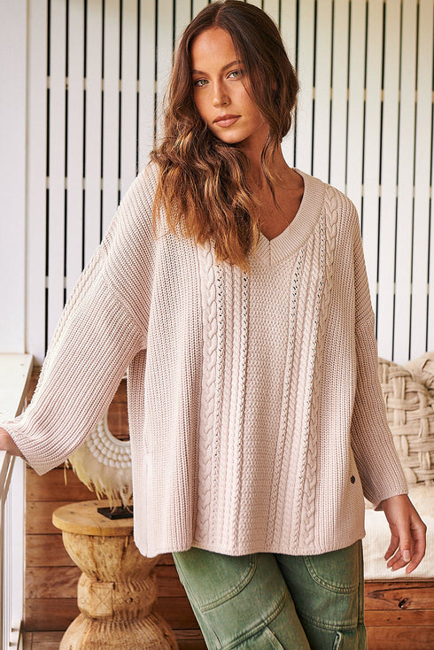 Jet Stream Cable Knit V Neck Side Slits Baggy Sweater