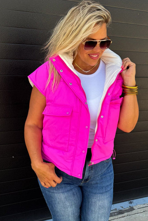 White Color Block Liner Patchwork Snap Button Zip Up Winter Vest