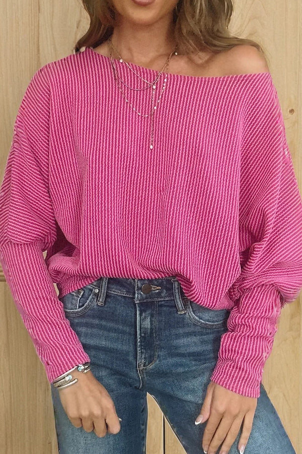 Rose Red Twisted Ribbed Dolman Long Sleeve Top