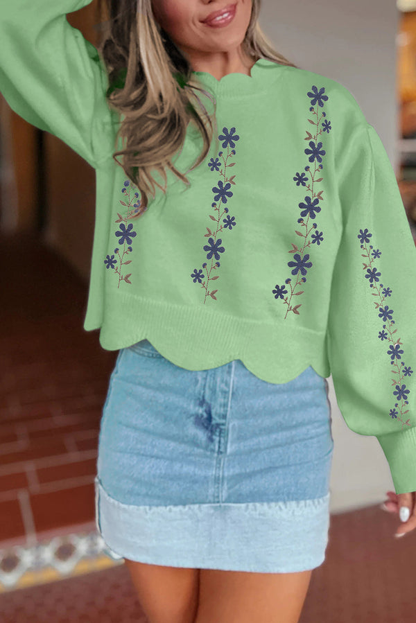 Light Green Floral Embroidered Scallop Hem Cropped Sweater