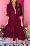 Burgundy Contrast Frilled Trim V Neck 3/4 Ruffled Sleeve Flowy Midi Dress