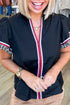 Black Fringe Detail Contrast Striped Trim V Neck Short Sleeve Top