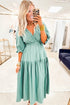 Canton V Neck Frilled Puff Sleeve Cinched Waist Flared Long Dress