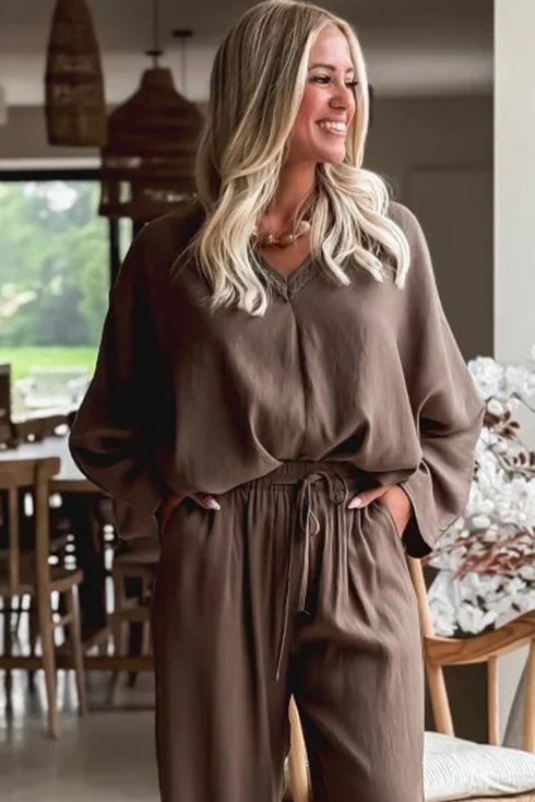 Dark Khaki Braided Trim V Neck Oversize Top Drawstring Pants Loose 2pcs Outfit