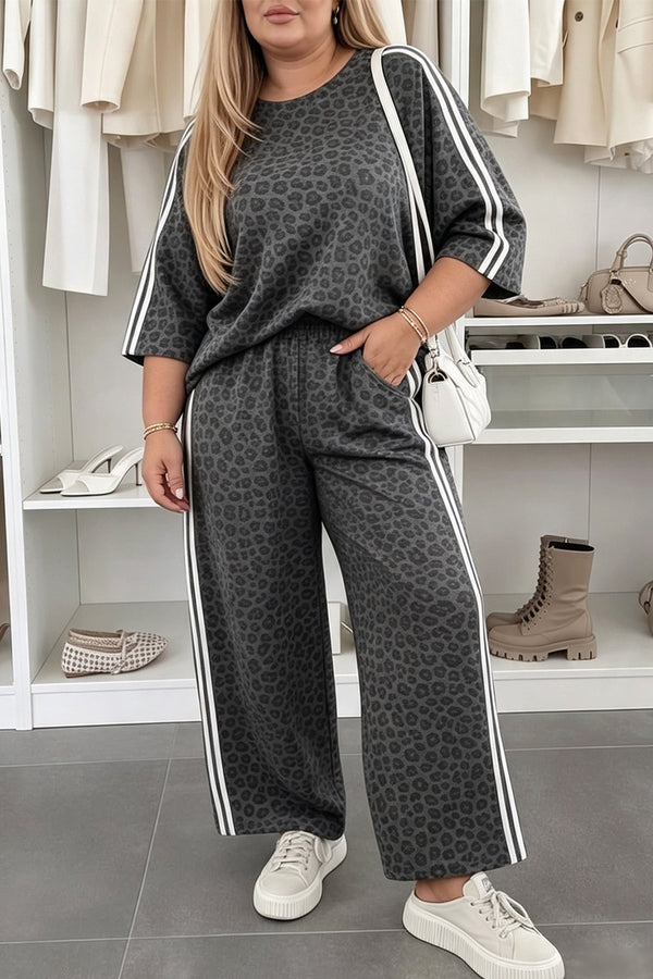 $14.89 Gray Leopard Print Bracelet Sleeve Top Plus Size Loose Pants Set Wholesale