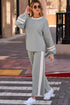 Gray Varsity Stripe Patchwork Puff Sleeve Pullover Drawstring Wide Leg Pant Set