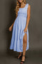 Sky Blue Shirred Pleated Square Neck Sleeveless Midi Dress