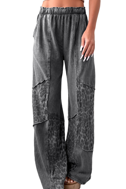 Dark Grey Mineral Wash Leopard Patchwork Loose Pants