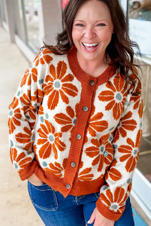 Orange Floral Print Buttoned Front Plus Size Short Cardigan