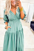 Canton V Neck Frilled Puff Sleeve Cinched Waist Flared Long Dress