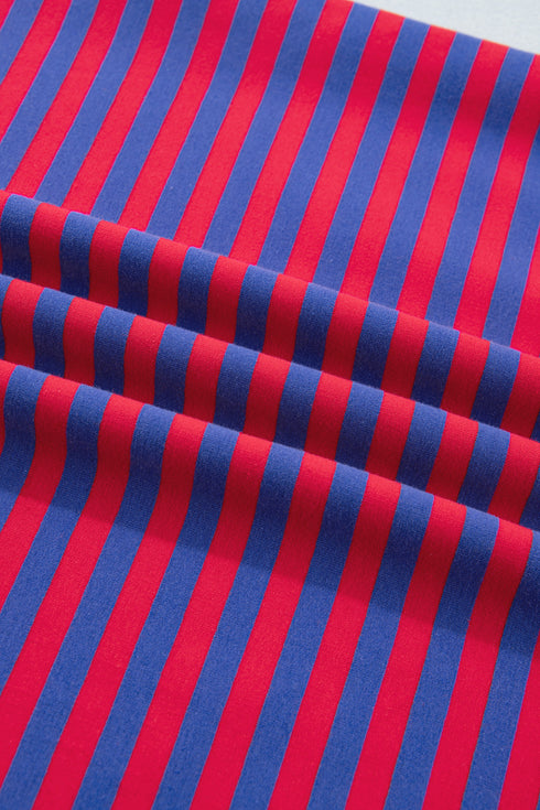 Navy Stripe Striped Ribbed Cotton Two-Piece Short Set with Chest Patch Detail