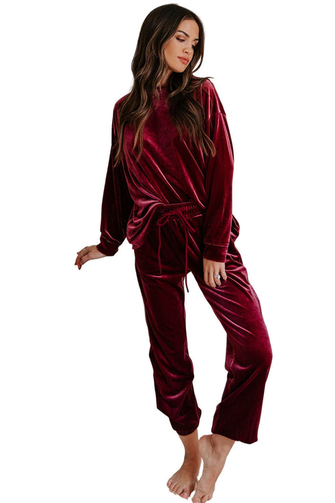 fiery-red-solid-velvet-two-piece-lounge-set
