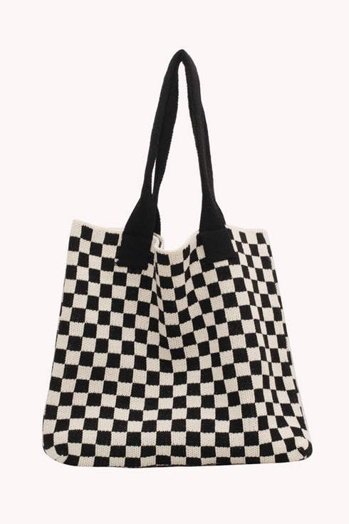 Color black Checkered Knit Eco-Friendly Tote Bag