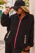 Black Fuzzy Contrast Trim Full Zip Sherpa Jacket with Pockets