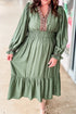 Grass Green Plus Size Long Sleeve Leopard Trim Split Neck Midi Dress