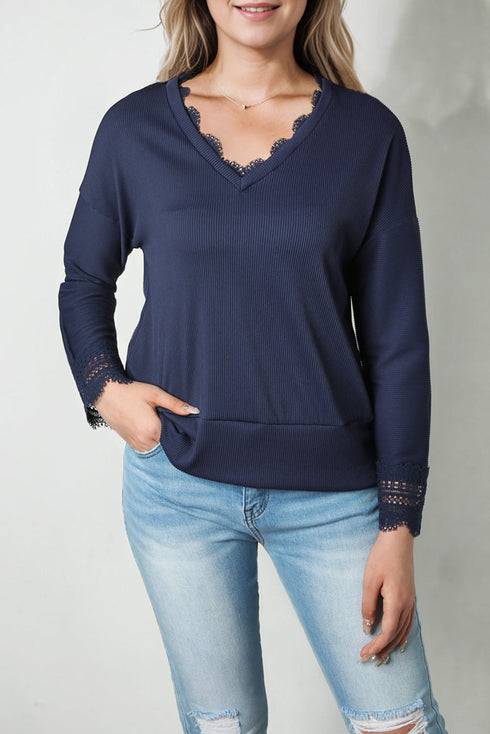 Blue Ribbed Texture Lace Trim V Neck Long Sleeve Top