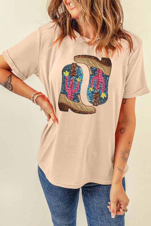 khaki-sequined-western-boots-crew-neck-graphic-tee