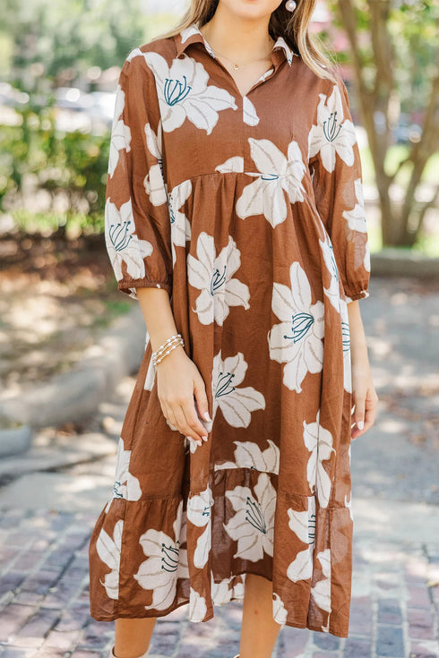 Brown Floral Print Shirt Collar V Neck 3/4 Sleeve Shift Midi Dress