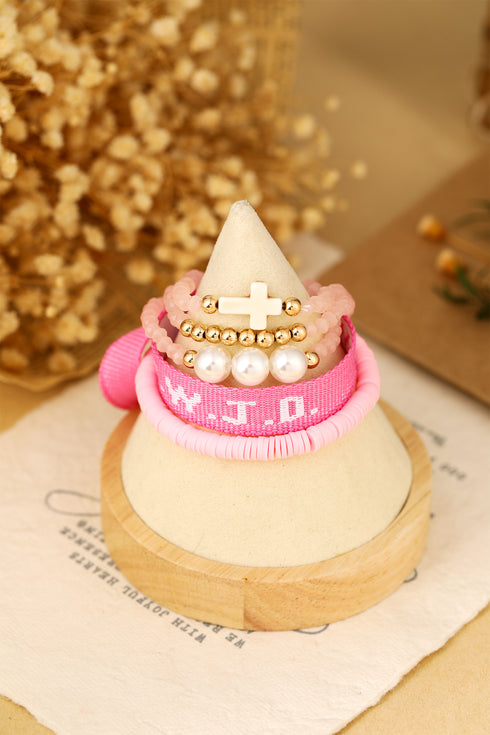 Pink WWJD Faith Prompt Mix Beading 5pcs Bracelet Set