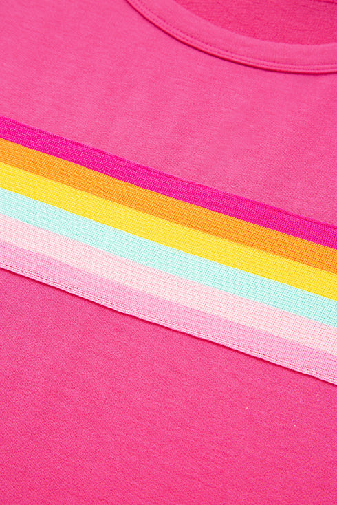 Rose Red Vibrant Striped Detail Athleisure 2pcs Short Set