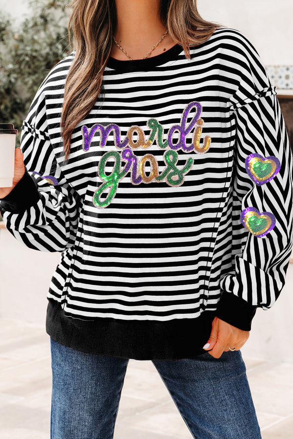 Black Stripe Raw Seam Detail Sequin Mardi Gras Heart Patched Graphic Long Sleeve Top