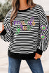 Black Stripe Raw Seam Detail Sequin Mardi Gras Heart Patched Graphic Long Sleeve Top