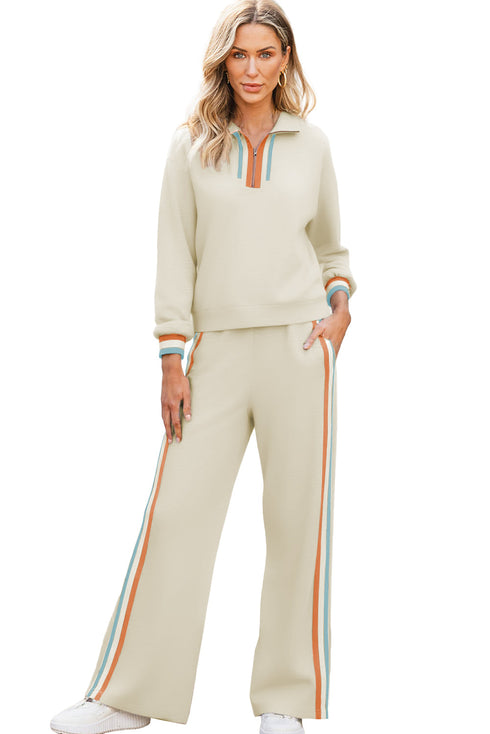 Apricot Striped Patchwork Quarter Zip Pullover Loose Pant Set