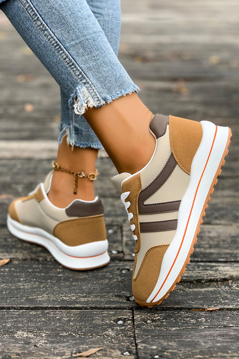 Brown Varsity Color Block Patchwork Lace-up PU Leather Sneakers