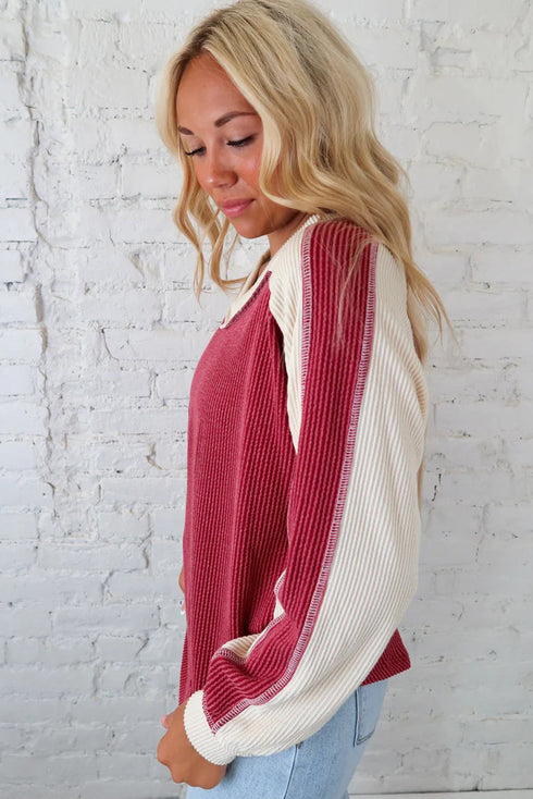 Racing Red Twisted Ribbed Color Block Patchwork Long Sleeve Top