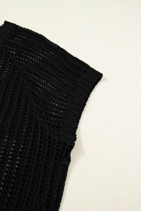 Black Plus Size Open Knit Bow Tie Short Sleeve Sweater