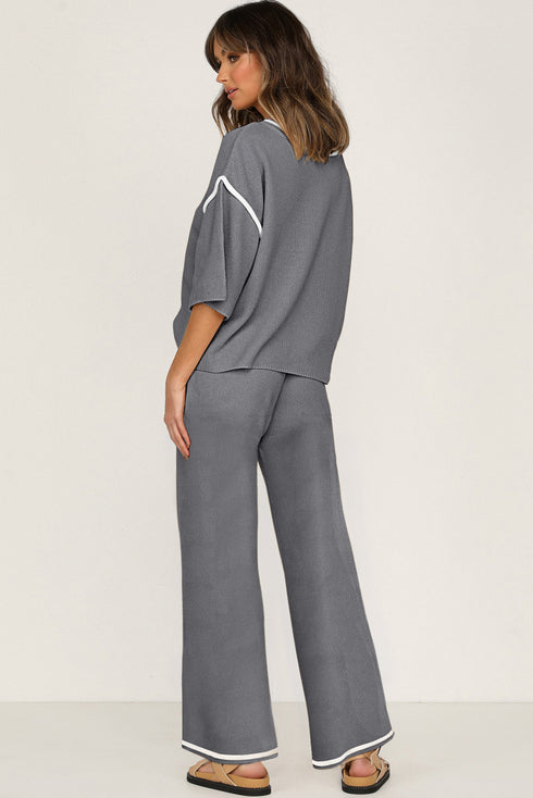 Medium Grey Contrast Trim Half Sleeve Top Drawstring Pants Loose 2pcs Sweater Suit