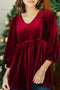 Burgundy Frilly Shirred Detail V Neck Velvet Peplum Tunic Blouse