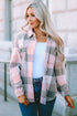Pink Gray Plaid Color Block Buttoned Long Sleeve Jacket with Pocket