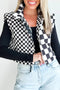 Black Mixed Checkerboard Stitched Zip Up Stand Neck Snap Button Vest