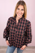 Multicolour Plaid Pattern Frilled Collared Puff Sleeve Shirt