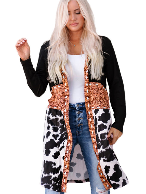 black-western-pattern-cow-patchwork-open-front-cardigan