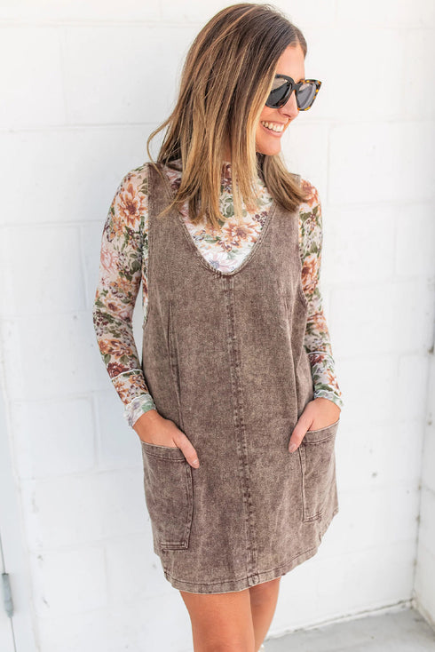 Goat Vintage Washed Denim V Neck Suspender Mini Dress